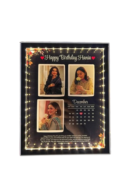Personalized LED birthday photo frame with custom photos, name and birthday calendar