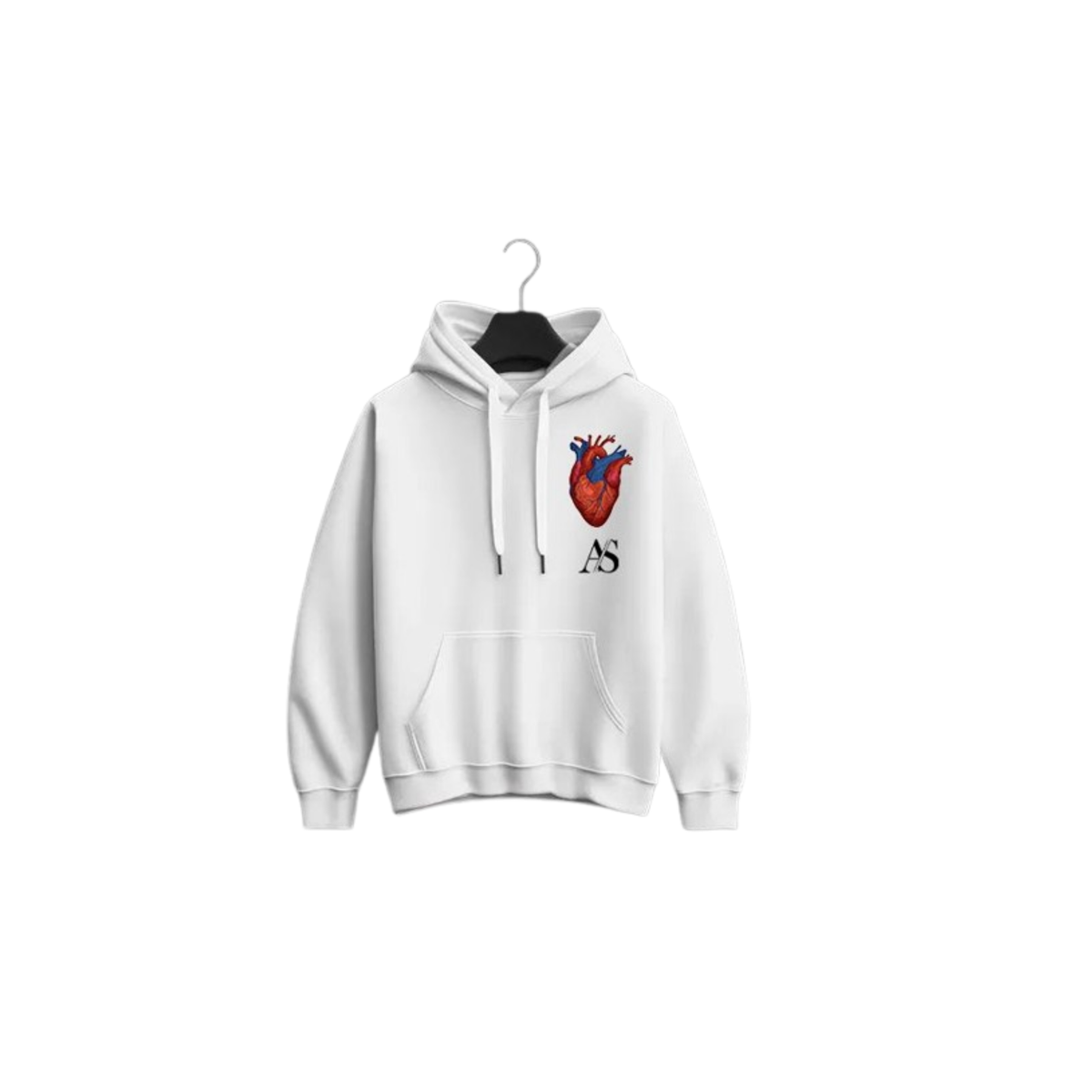 ustomized white hoodie with anatomical heart and initials design