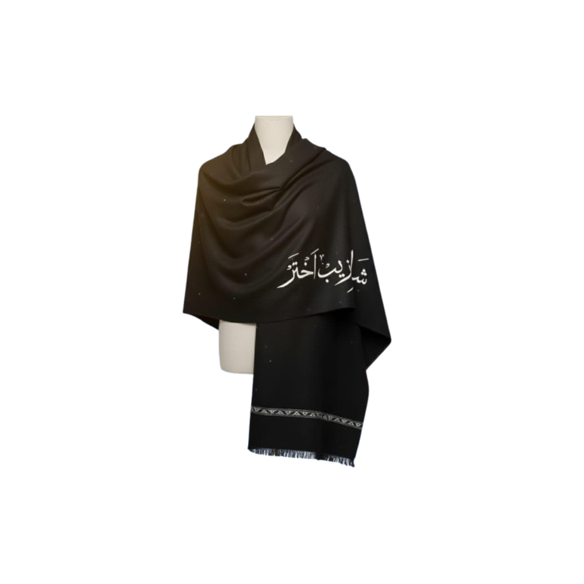 Black Arabic calligraphy shawl with elegant printed design